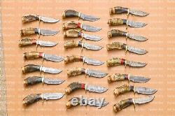 Lot of 20 6 Inch Handmade Damascus Steel Skinner Hunting Knives Ram Horn Withsheat