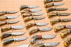 Lot of 20 6 Inch Handmade Damascus Steel Skinner Hunting Knives Ram Horn Withsheat