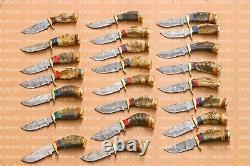 Lot of 20 6 Inch Handmade Damascus Steel Skinner Hunting Knives Ram Horn Withsheat