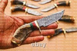 Lot of 20 6 Inch Handmade Damascus Steel Skinner Hunting Knives Ram Horn Withsheat