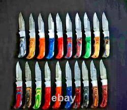 Lot of 20 Custom Damascus Steel Handmade Folding & Pocket Knives WithSheaths USA