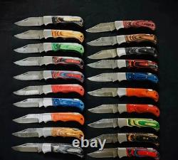 Lot of 20 Custom Damascus Steel Handmade Folding & Pocket Knives WithSheaths USA