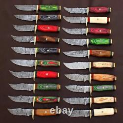 Lot of 20 Pcs Damascus Steel Handmade 8'' Skinner Hunting Knives WithSheaths USA
