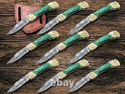 Lot of 9 PCS Damascus Folding Knives EDC, Tactical, Camping & Survival Knives