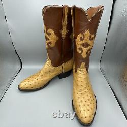 Lucchese Classics Full Quill Ostrich Boots Men's Size 11D Tan Inlay Handmade VTG