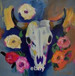 MONA VIVAR 12x12 Abstract Expressionist Original Cow Skull Painting Canvas