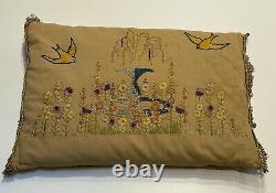 Made in the USA in 1923 Vintage Linen Pillow with Hand Stitched Flowers & Birds