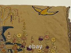 Made in the USA in 1923 Vintage Linen Pillow with Hand Stitched Flowers & Birds