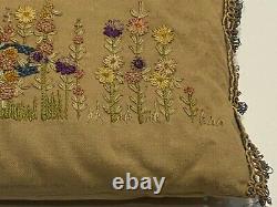 Made in the USA in 1923 Vintage Linen Pillow with Hand Stitched Flowers & Birds