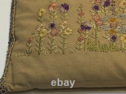 Made in the USA in 1923 Vintage Linen Pillow with Hand Stitched Flowers & Birds