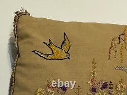 Made in the USA in 1923 Vintage Linen Pillow with Hand Stitched Flowers & Birds