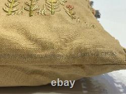 Made in the USA in 1923 Vintage Linen Pillow with Hand Stitched Flowers & Birds