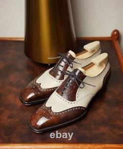 Made to Measure Cream And Brown Leather Oxford Lace Up Wingtip Brogue Shoe