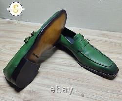 Made to Measure Handmade Green Leather Moccasin Slip On Monk Strap Dress Shoes