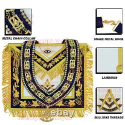Masonic Past Master Apron Navy Blue Genuine Lambskin + Chain Collar & Jewel