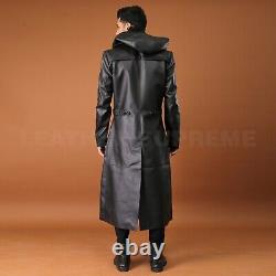 Men Black Long Hooded Coat For Men Leather Long Coat Trench Halloween Coat