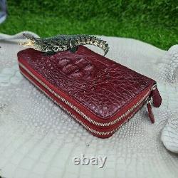 Men Real Crocodile Leather Clutch Red Burgundy Long Wallet With Adjustable Strap