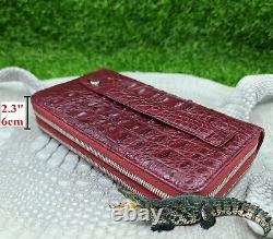 Men Real Crocodile Leather Clutch Red Burgundy Long Wallet With Adjustable Strap