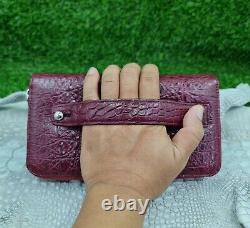 Men Real Crocodile Leather Clutch Red Burgundy Long Wallet With Adjustable Strap