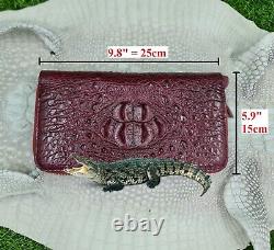 Men Real Crocodile Leather Clutch Red Burgundy Long Wallet With Adjustable Strap