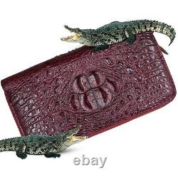 Men Real Crocodile Leather Clutch Red Burgundy Long Wallet With Adjustable Strap