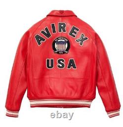 Men's Avirex Red Real Bomber American Flight Jacket Leather Jacket FAST SHIP