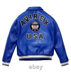 Men's Blue Avirex Real Leather Bomber Jacket American Flight Leather Jacket