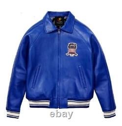 Men's Blue Avirex Real Leather Bomber Jacket American Flight Leather Jacket