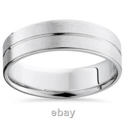 Mens 14K White Gold Flat Comfort Fit Wedding Ring Brushed Band