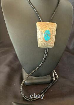 Mens Blue Kingman Turquoise Navajo Sterling Silver Bolo Tie 12144