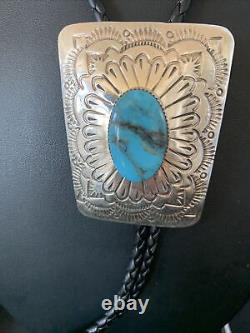 Mens Blue Kingman Turquoise Navajo Sterling Silver Bolo Tie 12144