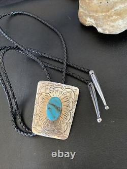 Mens Blue Kingman Turquoise Navajo Sterling Silver Bolo Tie 12144