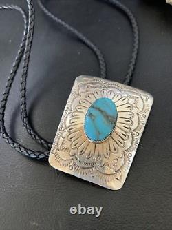 Mens Blue Kingman Turquoise Navajo Sterling Silver Bolo Tie 12144