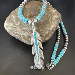 Mens Feather Turquoise Pendant Navajo Sterling Silver Necklace 17249