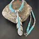 Mens Feather Turquoise Pendant Navajo Sterling Silver Necklace 17249