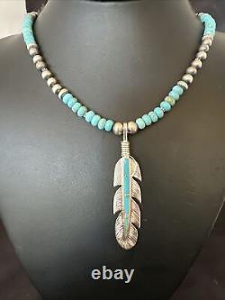 Mens Feather Turquoise Pendant Navajo Sterling Silver Necklace 17249