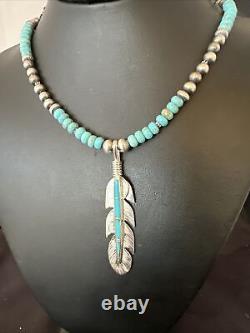 Mens Feather Turquoise Pendant Navajo Sterling Silver Necklace 17249