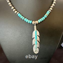 Mens Feather Turquoise Pendant Navajo Sterling Silver Necklace 17249