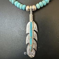 Mens Feather Turquoise Pendant Navajo Sterling Silver Necklace 17249