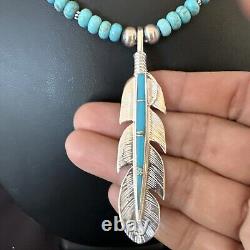 Mens Feather Turquoise Pendant Navajo Sterling Silver Necklace 17249