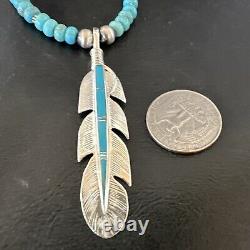 Mens Feather Turquoise Pendant Navajo Sterling Silver Necklace 17249