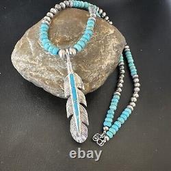 Mens Feather Turquoise Pendant Navajo Sterling Silver Necklace 17249