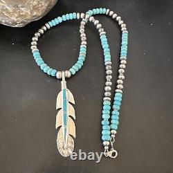 Mens Feather Turquoise Pendant Navajo Sterling Silver Necklace 17249