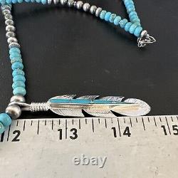 Mens Feather Turquoise Pendant Navajo Sterling Silver Necklace 17249