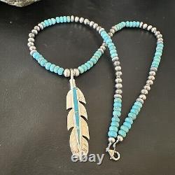 Mens Feather Turquoise Pendant Navajo Sterling Silver Necklace 17249