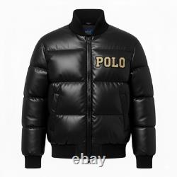 Mens Puffer Bomber Jacket Rib Collar Genuine Sheepskin Leather, Black Polo RL
