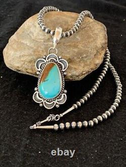 Mens Royston Turquoise Pendant Navajo Pearls Sterling Silver Necklace 4307