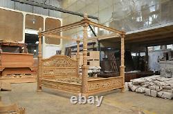 NEW Teak Wood Natural Carved French style Four poster floral design canopy bed