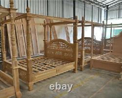 NEW Teak Wood Natural Carved French style Four poster floral design canopy bed
