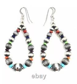 Native American Navajo Hand Made Pearls Beads And Multicolored Dangle Earring
